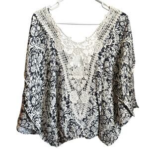 NEW! Lovestitch Women’s Sz Large Blue & Ivory Dolman Sleeve Crochet Flowy Top